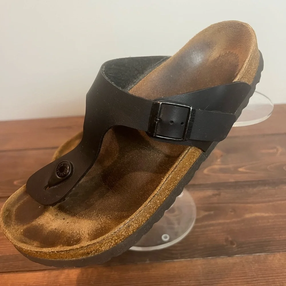 Birkenstock Arizona Giselle T strap sandals size 40 BLACK leather Footbed